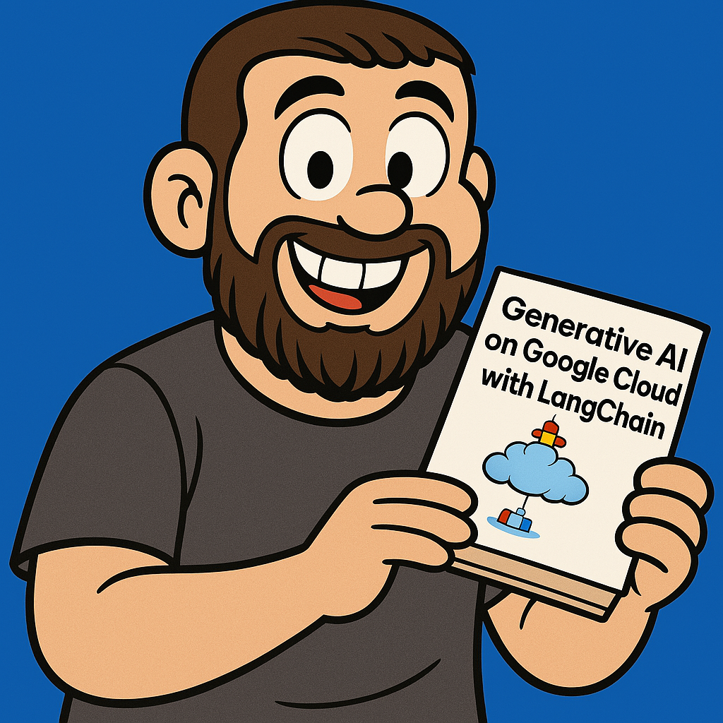 Imagem no estilo Turma da Monica, sobre o review do livro Generative AI on Google Cloud with LangChain